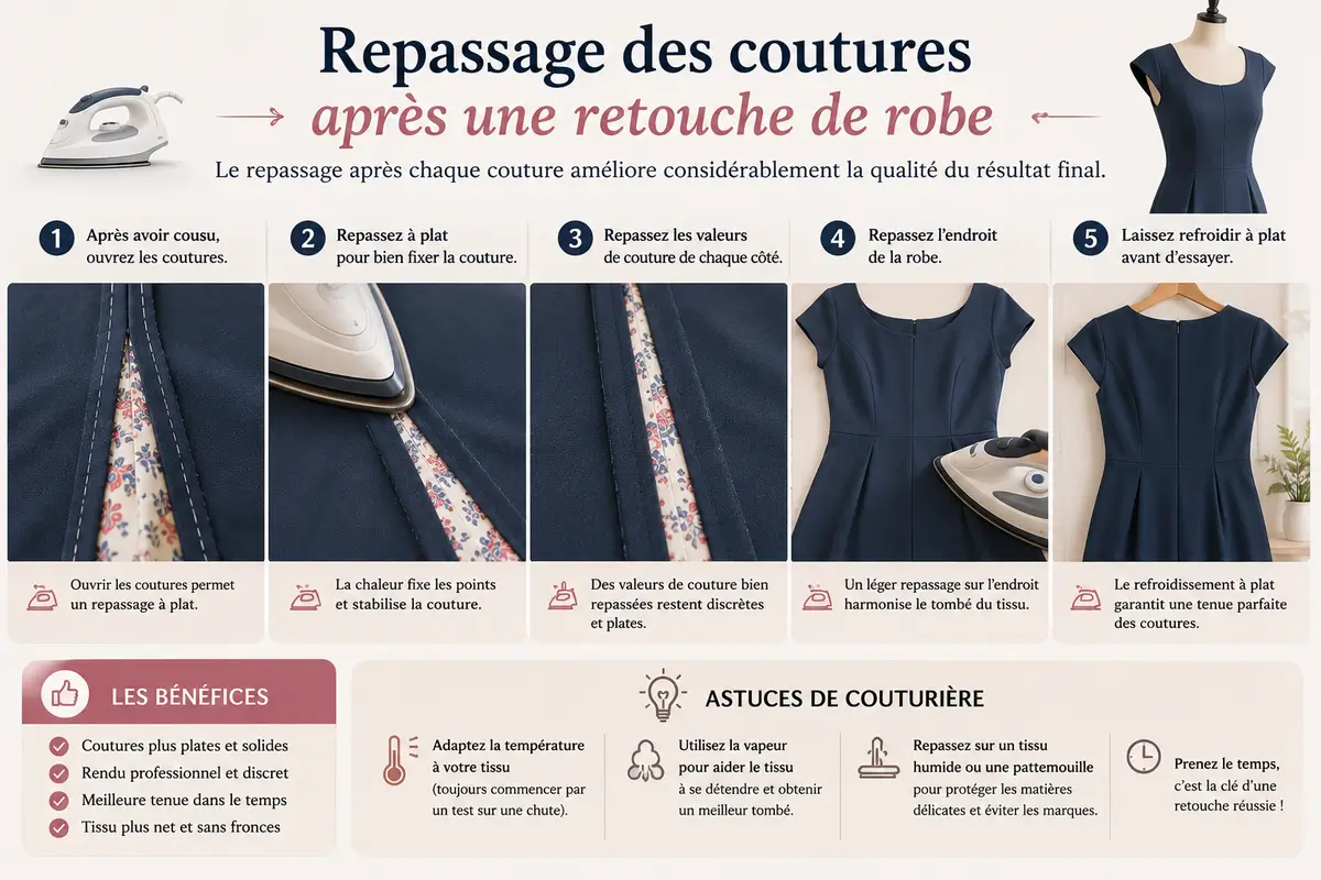 Repassage des coutures après une retouche de robe