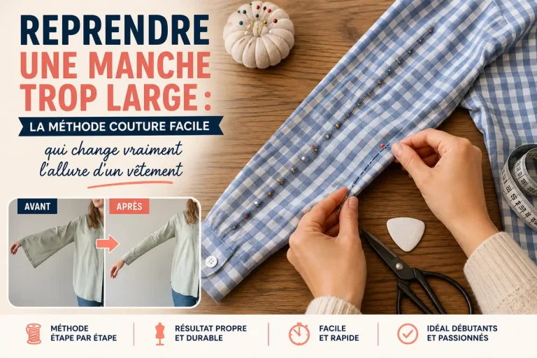 Reprise d’une manche trop large avec épingles sur tissu vichy bleu et blanc, avant/après couture pour ajuster un vêtement