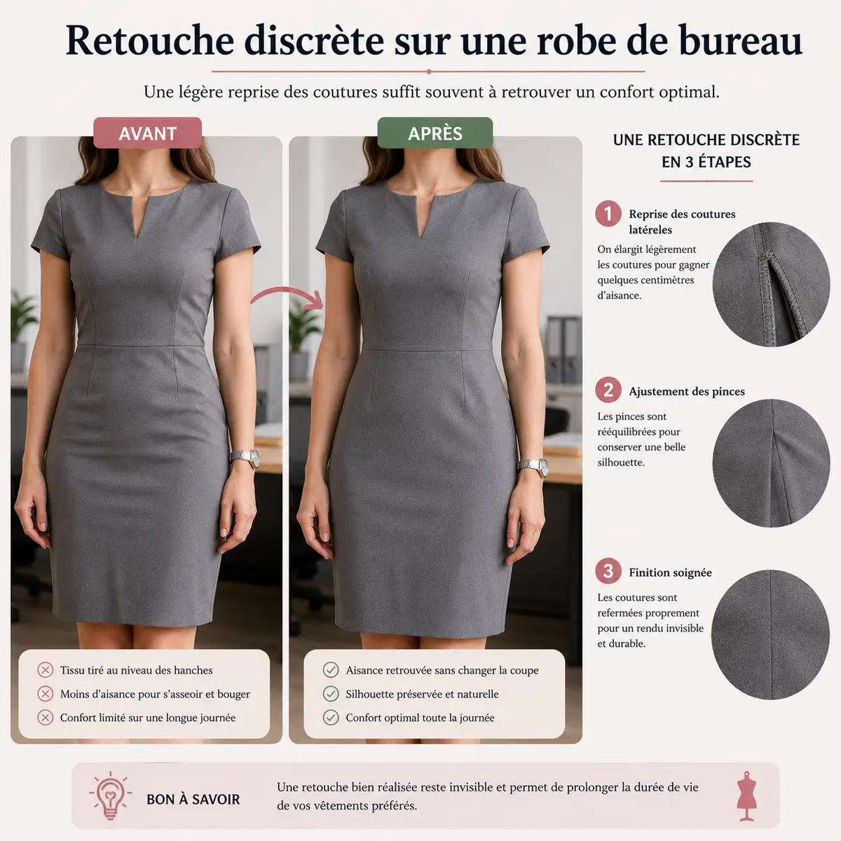 Retouche discrète sur une robe de bureau