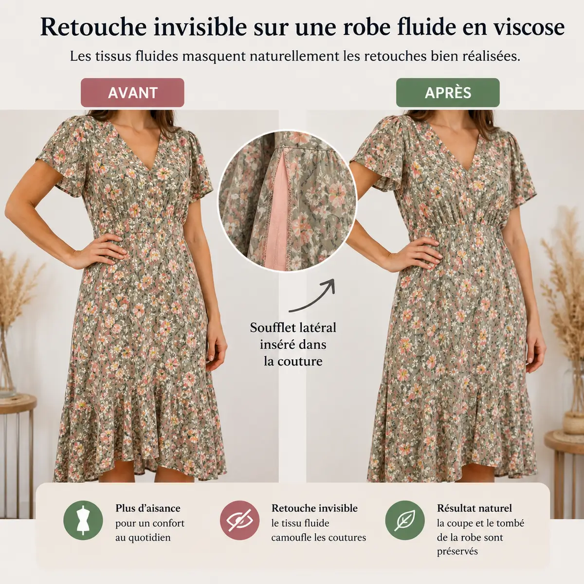 Retouche invisible sur une robe fluide en viscose