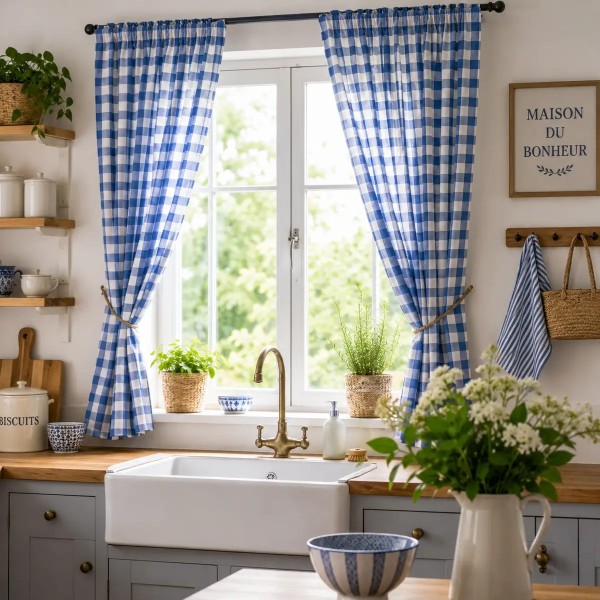 Rideaux réalisés en tissu vichy bleu et blanc dans une cuisine lumineuse