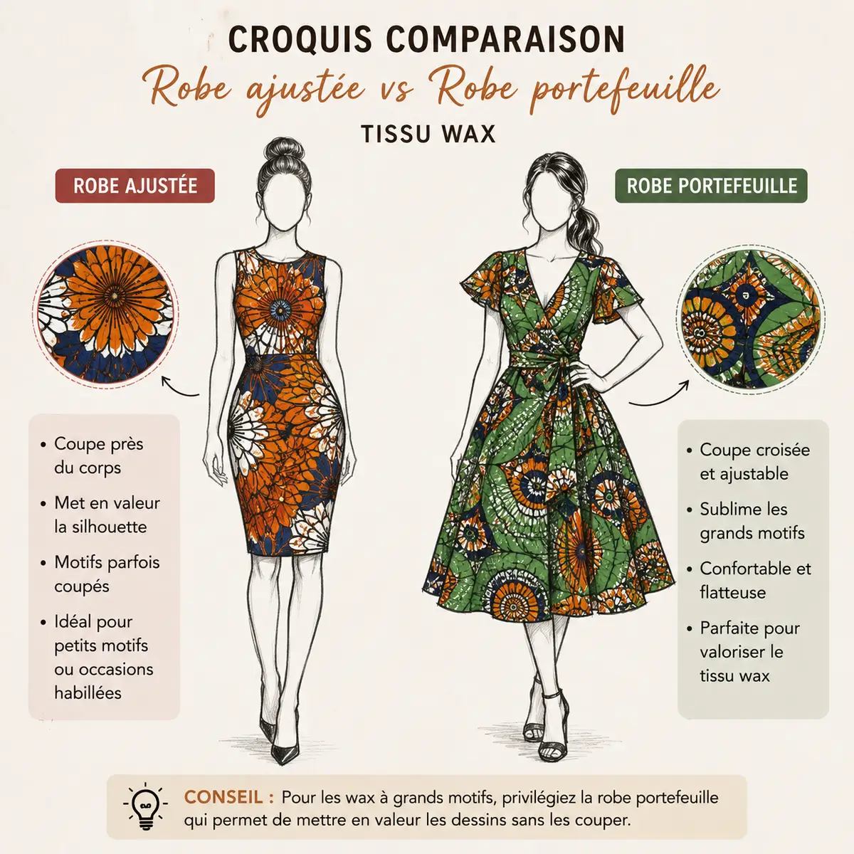 Comparaison entre robe ajustée et robe portefeuille pour tissu wax africain