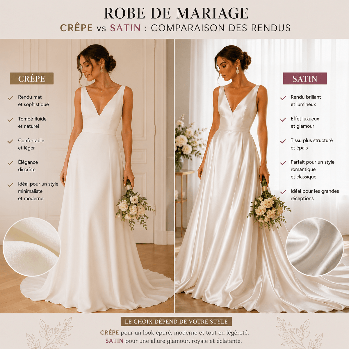 Robe de mariage réalisée en crêpe et satin comparaison des rendus