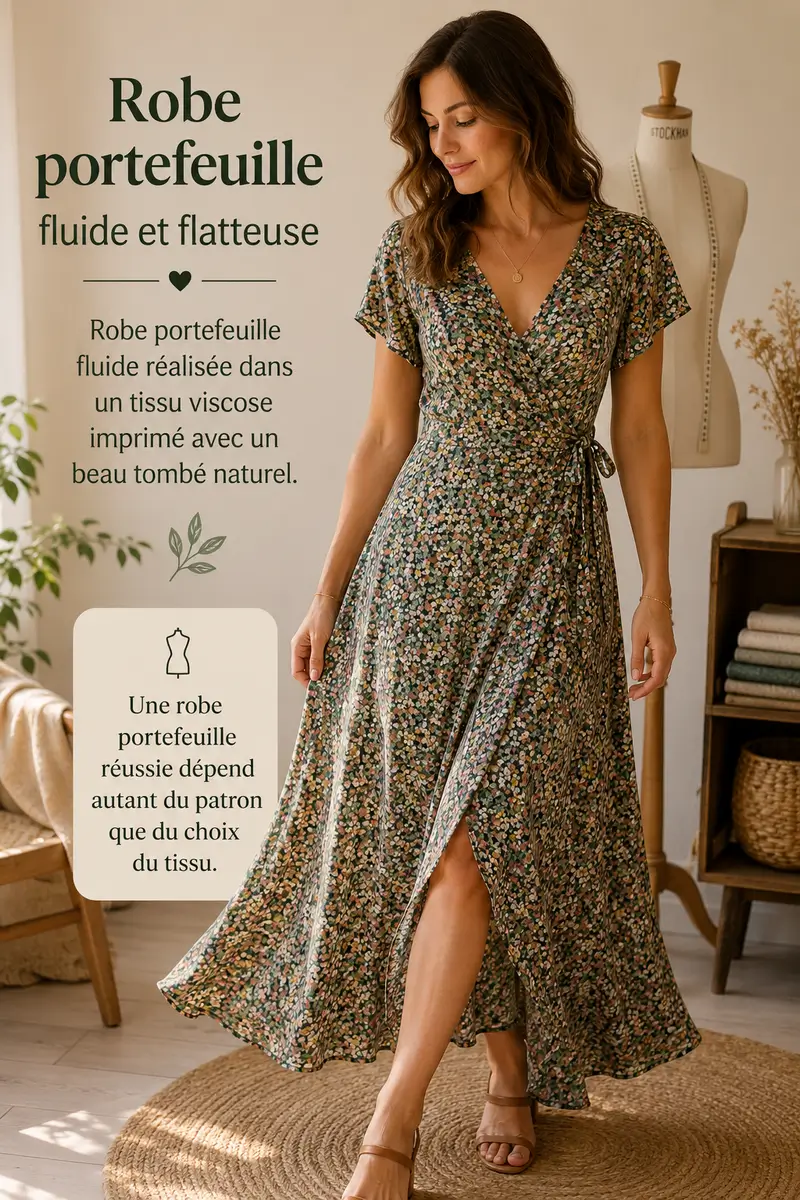 Robe portefeuille fluide réalisée dans un tissu viscose imprimé avec beau tombé naturel
