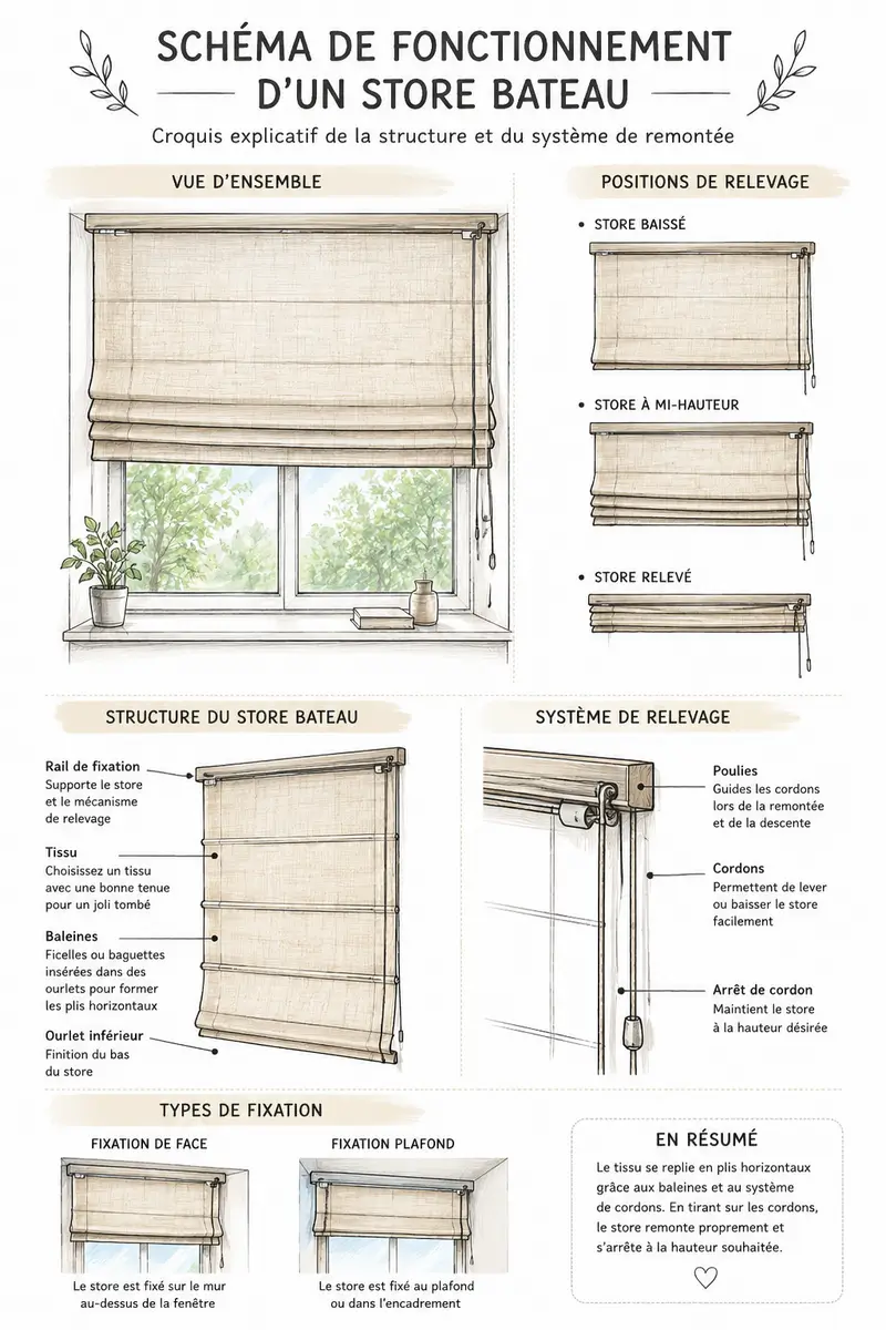Store bateau : le guide complet pour le coudre facilement et obtenir un résultat digne d’un décorateur 3 Schéma de fonctionnement d'un store bateau avec plis horizontaux et système de relevage