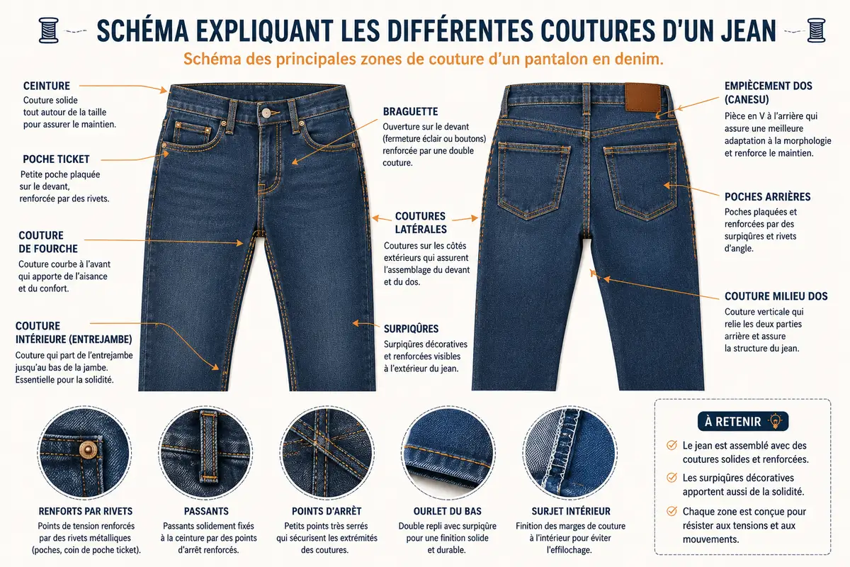 Schéma expliquant les différentes coutures d'un jean