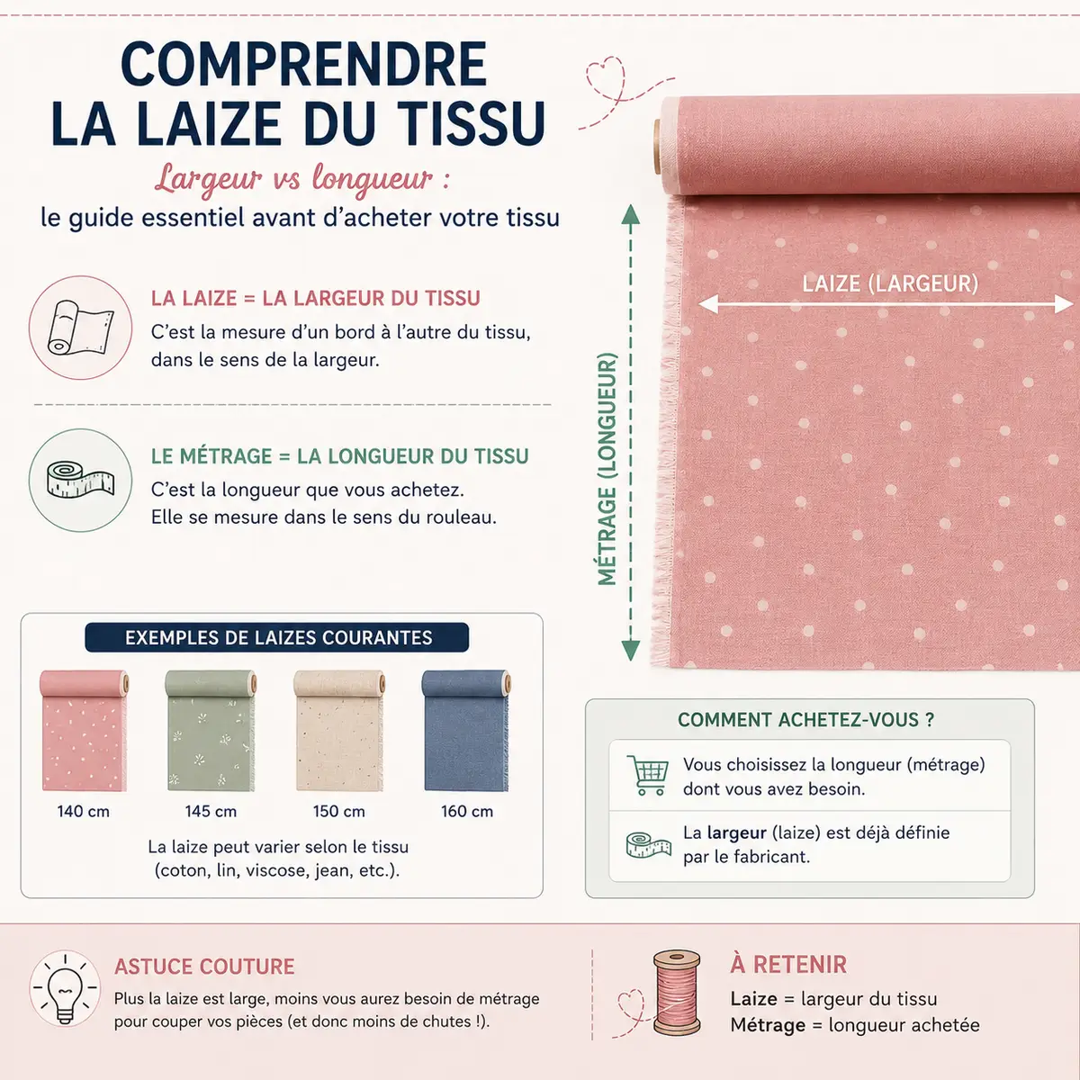 Combien de tissu faut-il pour coudre une robe, une jupe ou un pantalon ? 3 Schéma explicatif largeur laize tissu couture