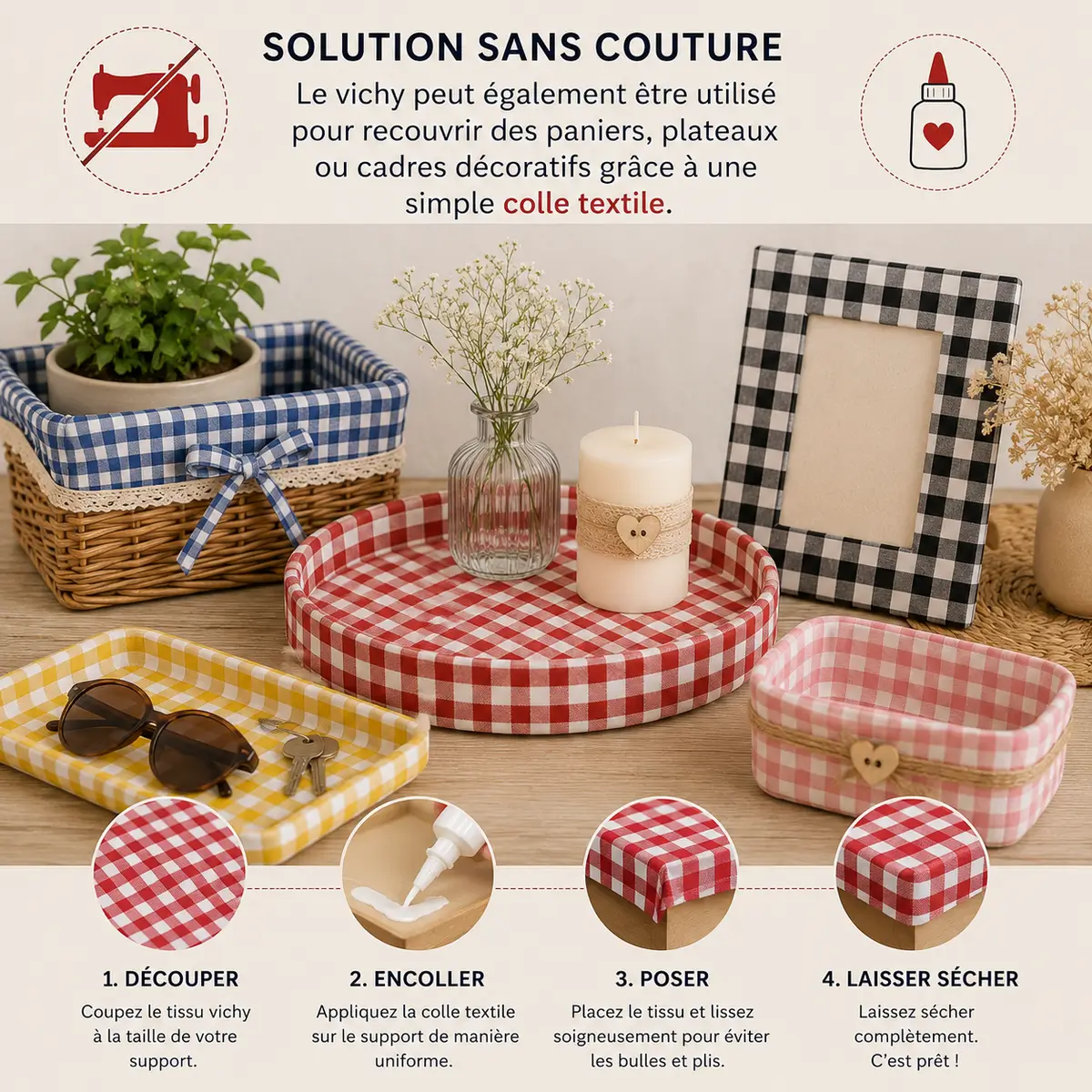 Panier, plateau et cadre décoratif recouverts de tissu vichy avec colle textile pour un projet DIY sans couture