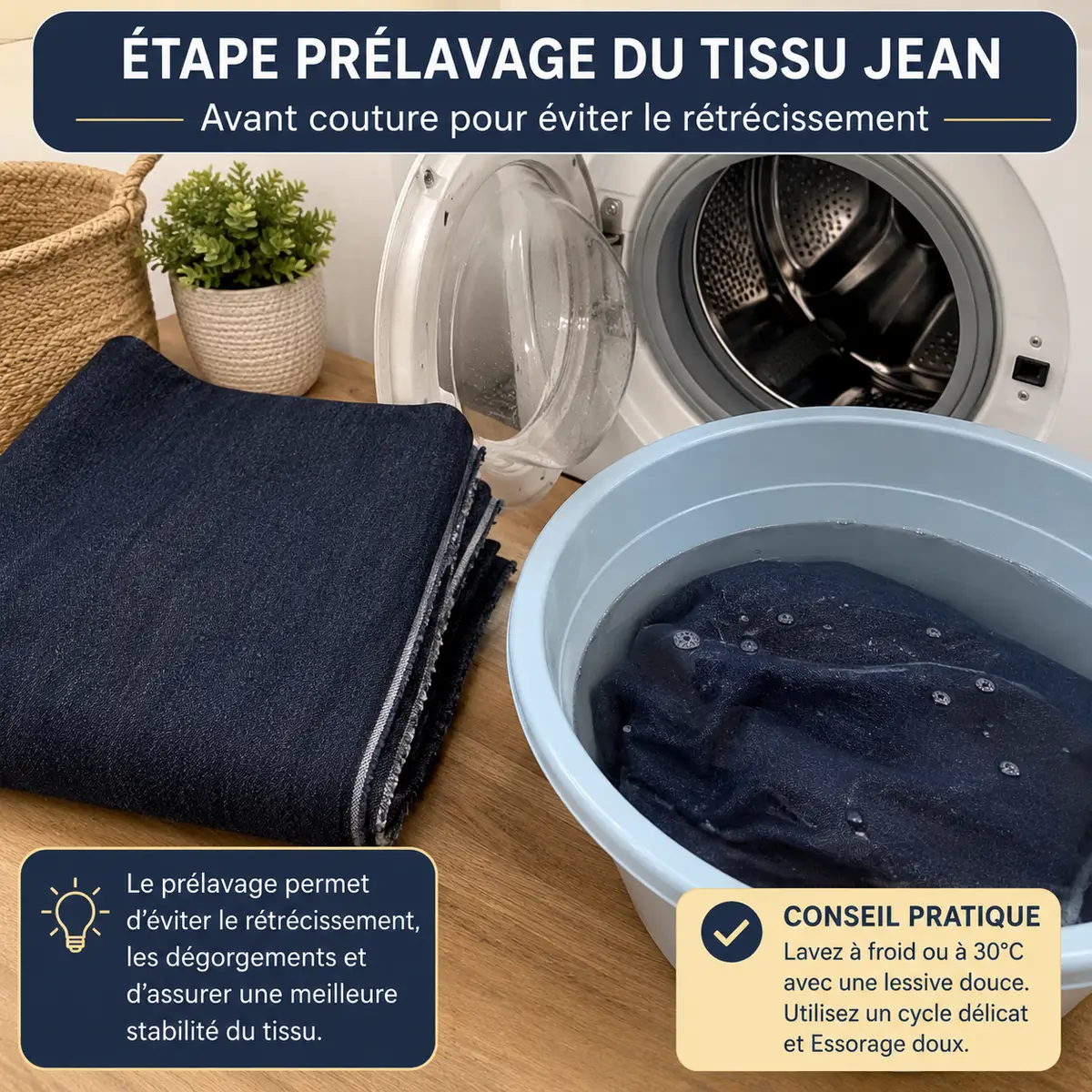 Prélaver le tissu jean denim avant couture pour éviter le rétrécissement