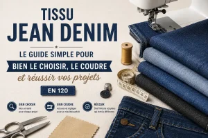 Image hero horizontale présentant du tissu jean denim, une machine à coudre, des outils couture et des conseils pour bien choisir et coudre le denim