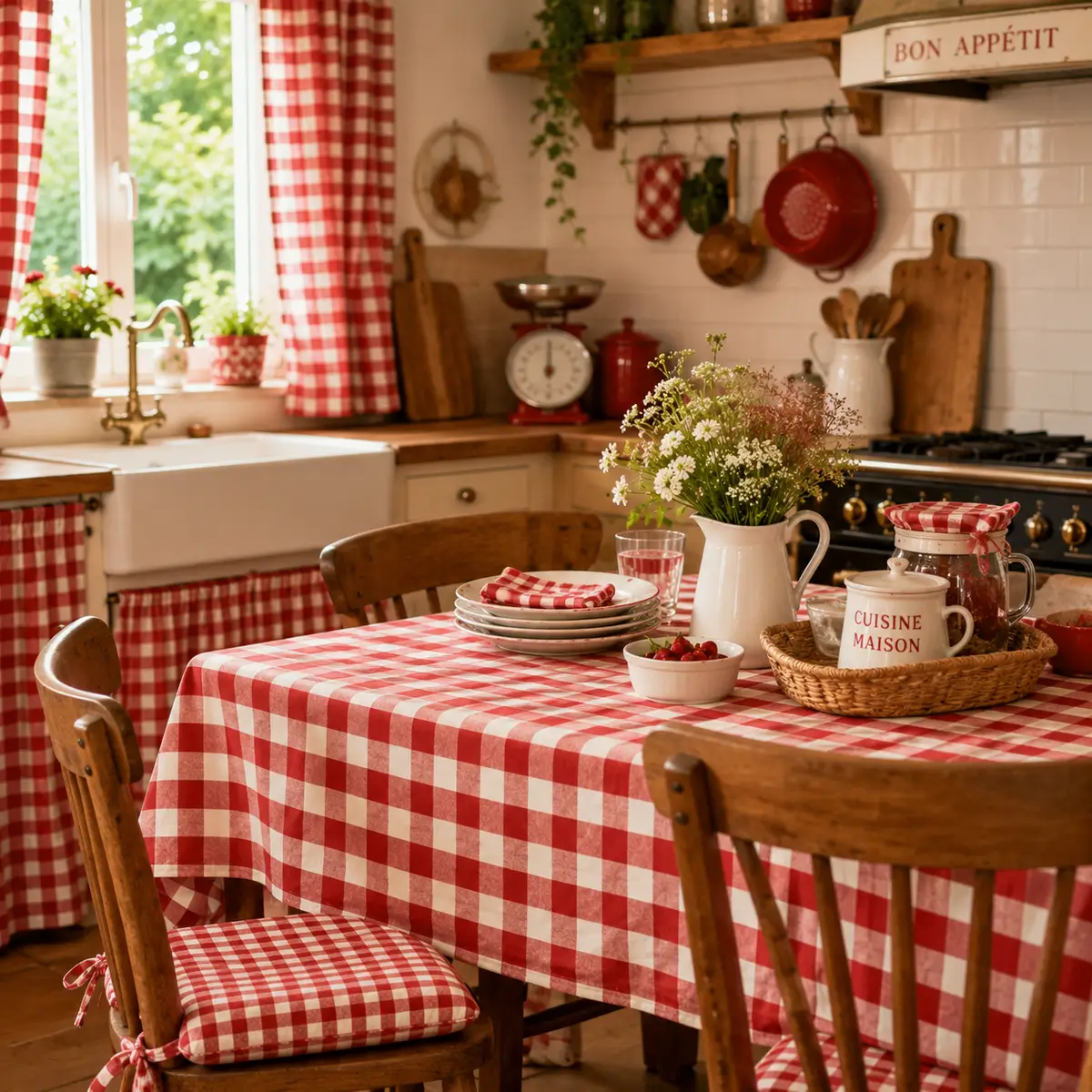 Rideaux en tissu vichy rouge et blanc dans une cuisine familiale chaleureuse