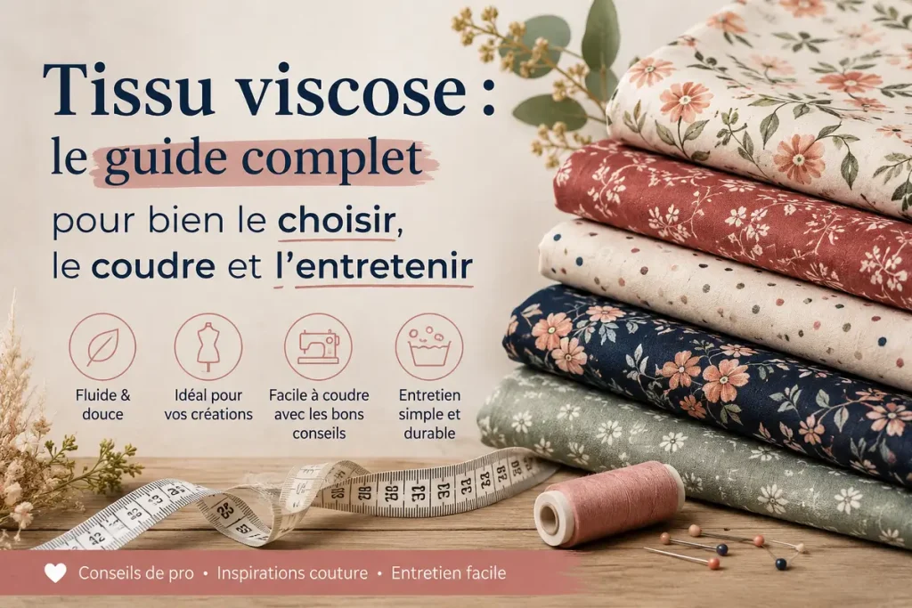 Pile de tissus viscose imprimés avec accessoires de couture illustrant un guide complet pour choisir, coudre et entretenir le tissu viscose.
