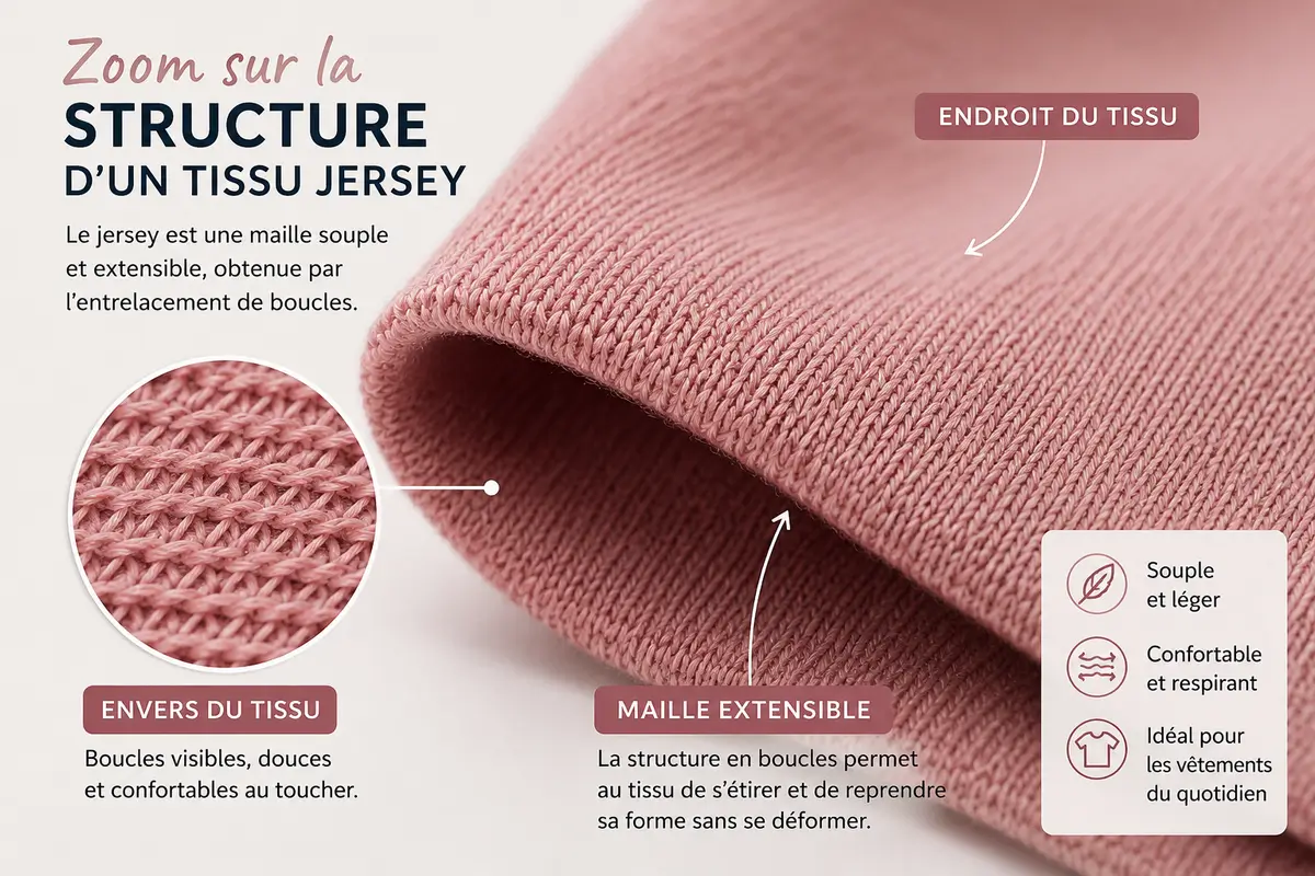 Zoom sur la structure d'un tissu jersey en maille