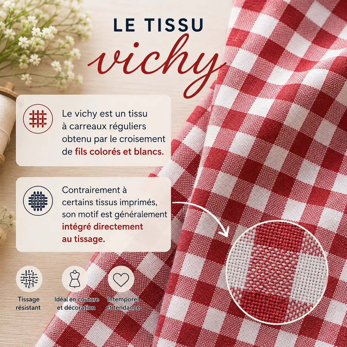 Zoom sur le tissage du tissu vichy bleu et blanc montrant les carreaux réguliers