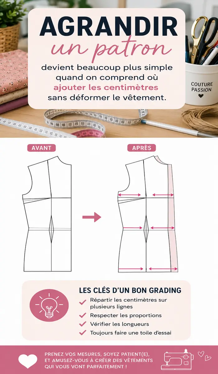 Agrandir un patron de couture avec la méthode du grading sur une table de couture avec tissu et outils