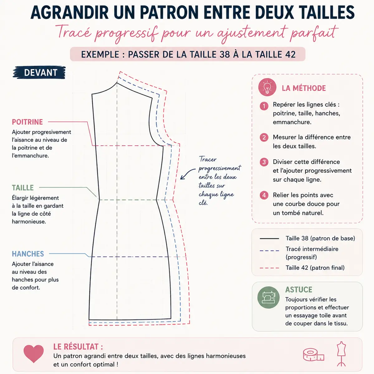 Croquis couture pour agrandir un patron entre deux tailles avec ligne progressive poitrine taille hanches