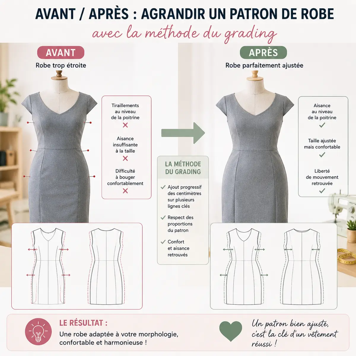 Avant après agrandissement d’un patron de robe avec méthode du grading couture