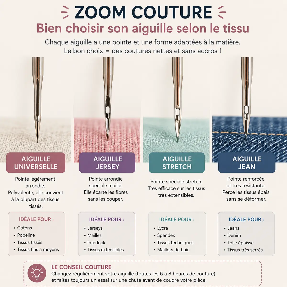Les 15 erreurs couture qui ruinent vos vêtements sans que vous le sachiez 5 Zoom couture sur différentes aiguilles adaptées au tissu fin au jersey et au jean