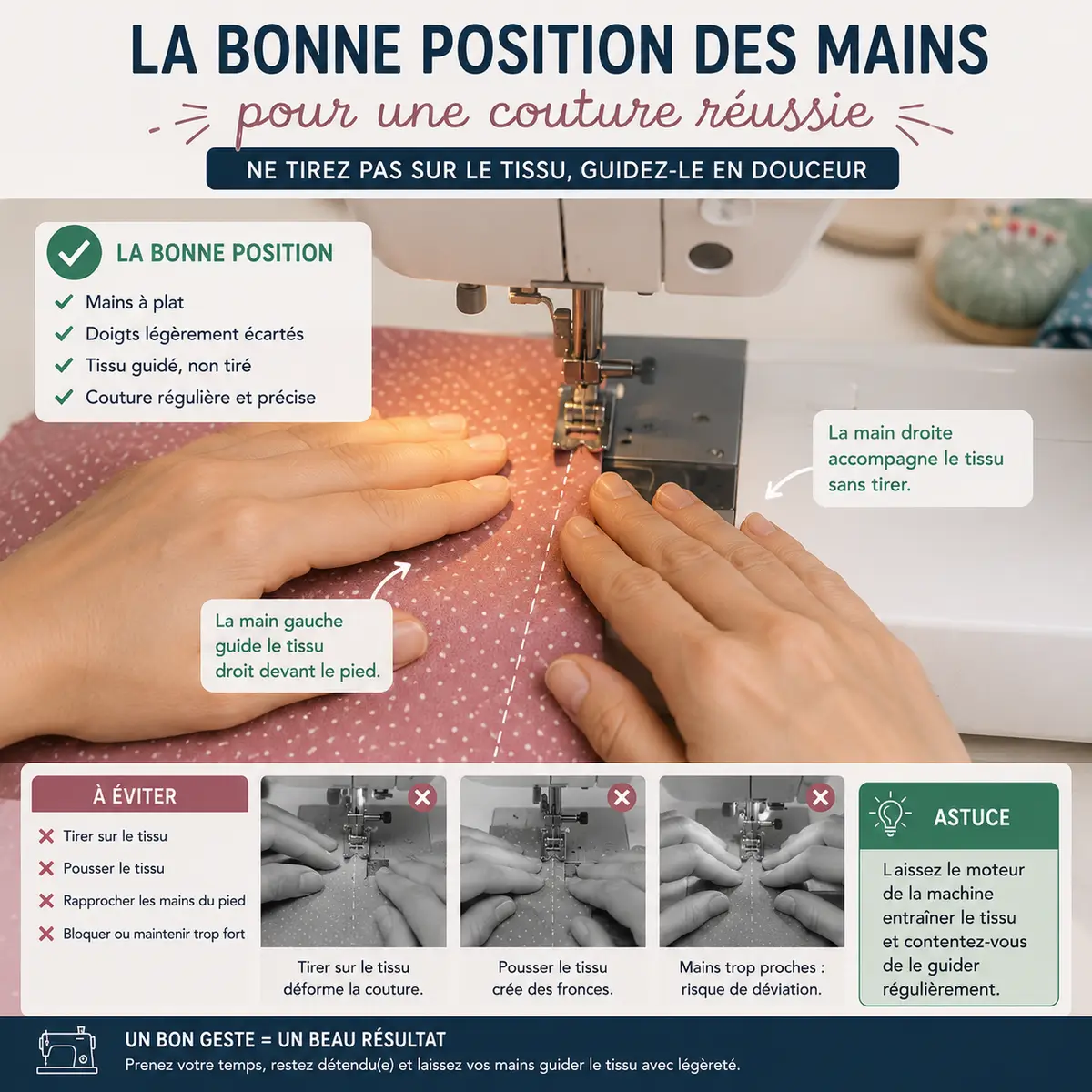 Les 15 erreurs couture qui ruinent vos vêtements sans que vous le sachiez 13 Bonne position des mains pendant la couture sans tirer sur le tissu