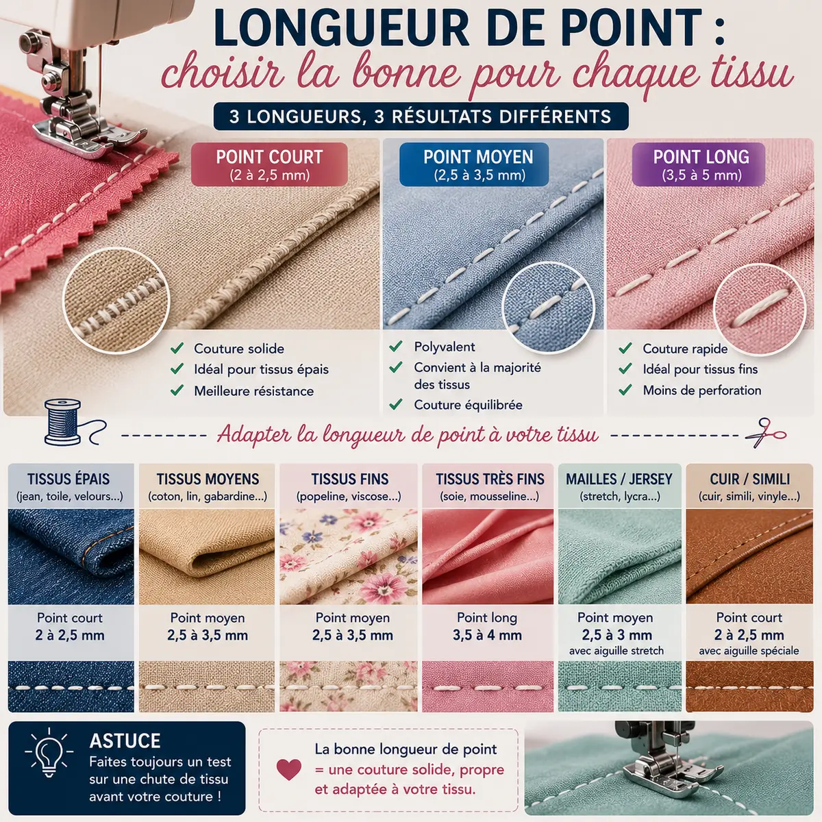 Les 15 erreurs couture qui ruinent vos vêtements sans que vous le sachiez 14 Comparaison entre plusieurs longueurs de point de couture sur différents tissus
