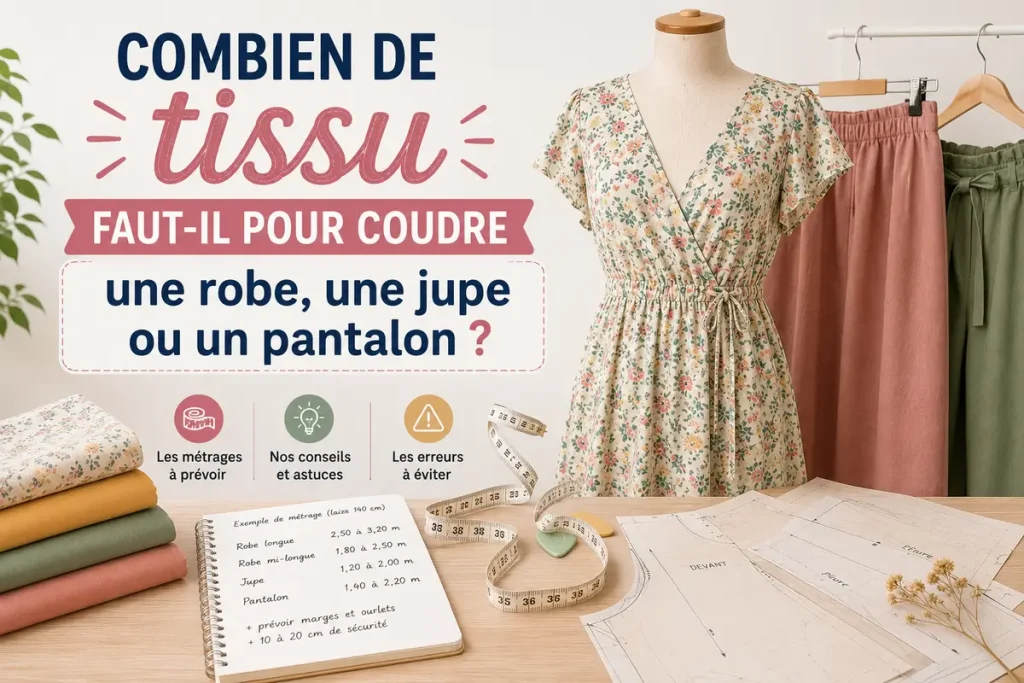 Image hero couture montrant un atelier avec tissus, patron, mètre ruban, robe, jupe et pantalon pour illustrer le calcul du métrage nécessaire.