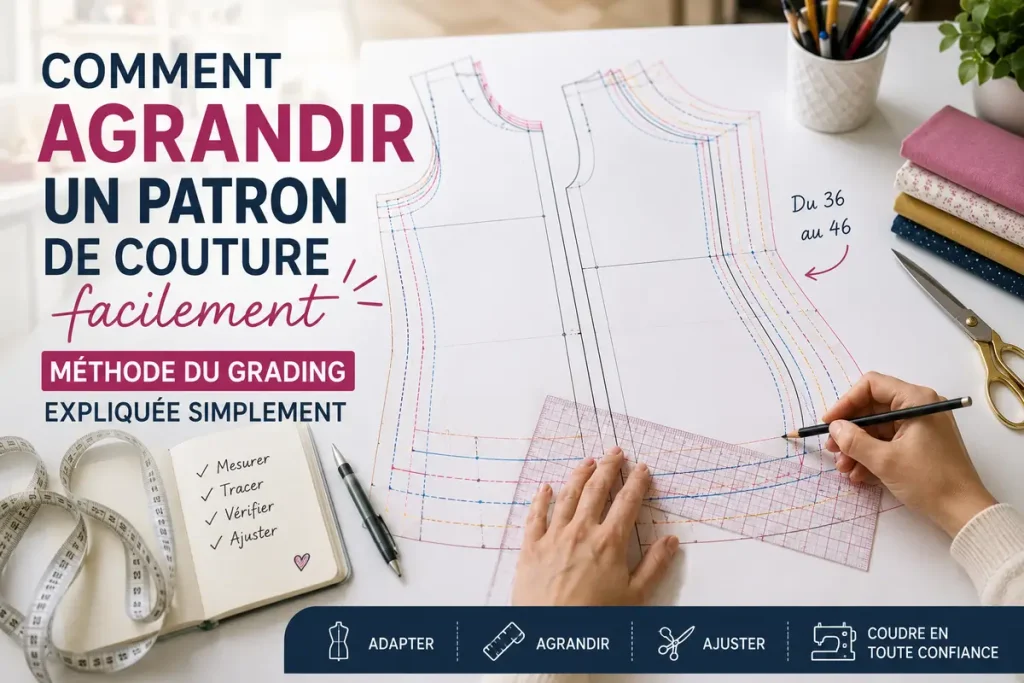Atelier de couture avec patron papier, règle, mètre ruban et crayon illustrant la méthode du grading pour agrandir un patron de couture sans déformer le vêtement.