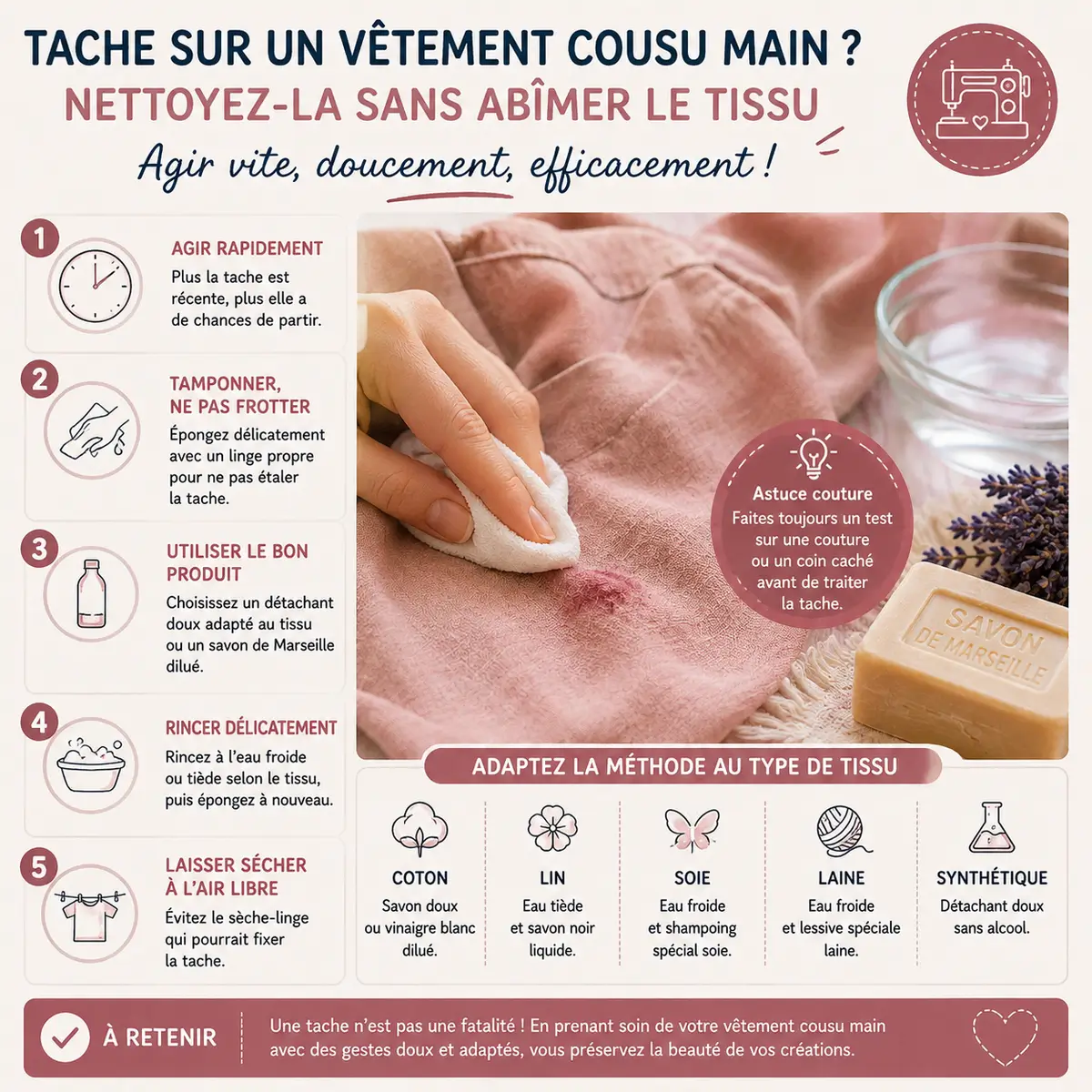 Les 15 erreurs couture qui ruinent vos vêtements sans que vous le sachiez 25 Nettoyage d'une tache sur un vêtement cousu main sans abîmer le tissu