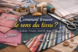Illustration couture montrant comment repérer le sens du tissu : endroit et envers, droit fil (chaîne) et biais à 45°, avec flèches sur des échantillons et outils de couture.