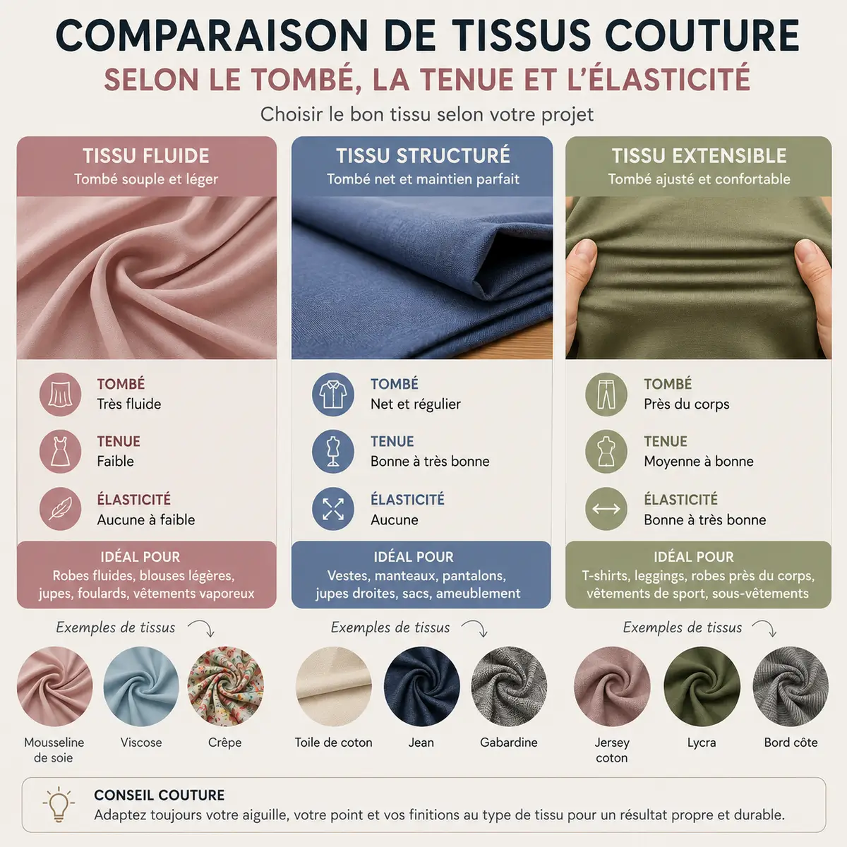 Les 15 erreurs couture qui ruinent vos vêtements sans que vous le sachiez 4 Comparaison de tissus couture selon le tombé la tenue et l’élasticité