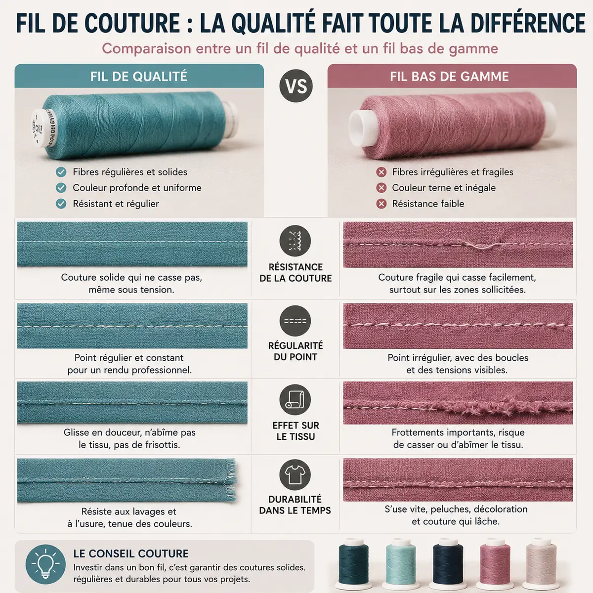 Les 15 erreurs couture qui ruinent vos vêtements sans que vous le sachiez 7 Comparaison entre un fil de couture de qualité et un fil bas de gamme