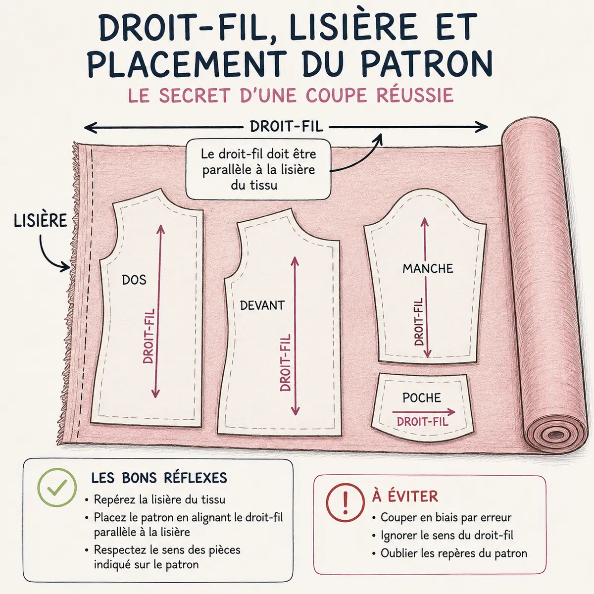 Les 15 erreurs couture qui ruinent vos vêtements sans que vous le sachiez 3 Croquis couture montrant le droit-fil la lisière et le bon placement du patron sur le tissu