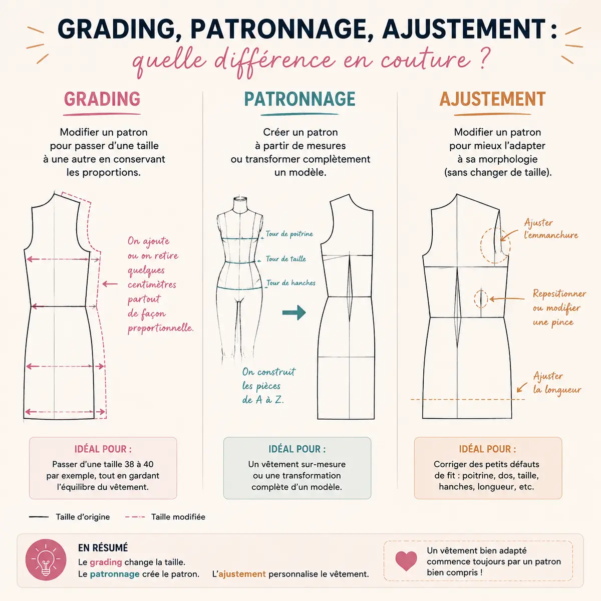 Croquis explicatif montrant la différence entre grading couture patronnage et ajustement d’un patron