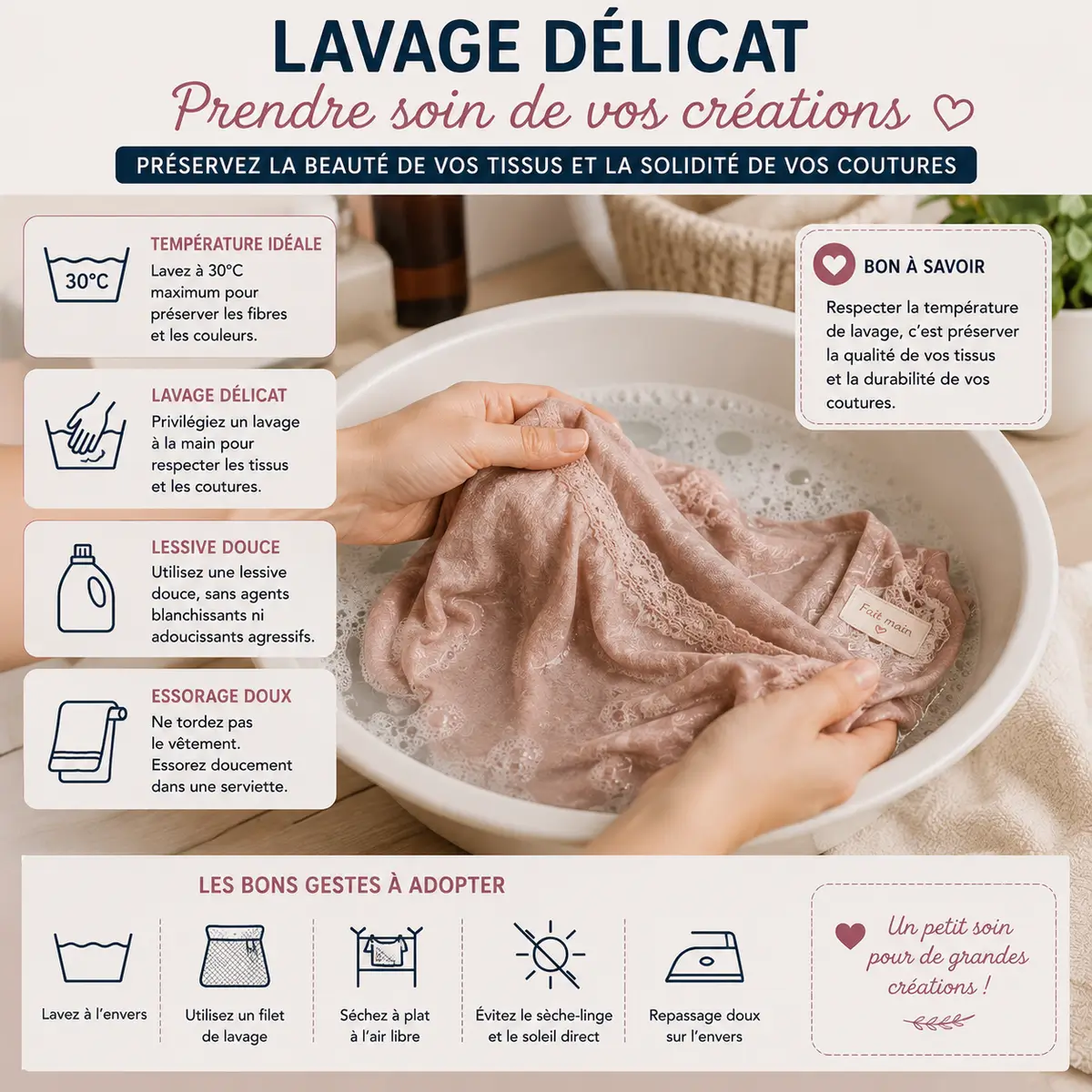Les 15 erreurs couture qui ruinent vos vêtements sans que vous le sachiez 23 Lavage délicat d'un vêtement cousu main pour préserver le tissu et les coutures