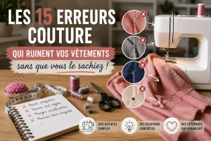 Image hero montrant une machine à coudre, un tissu abîmé et des erreurs couture fréquentes comme les points irréguliers, la tension mal réglée et le mauvais choix d’aiguille.
