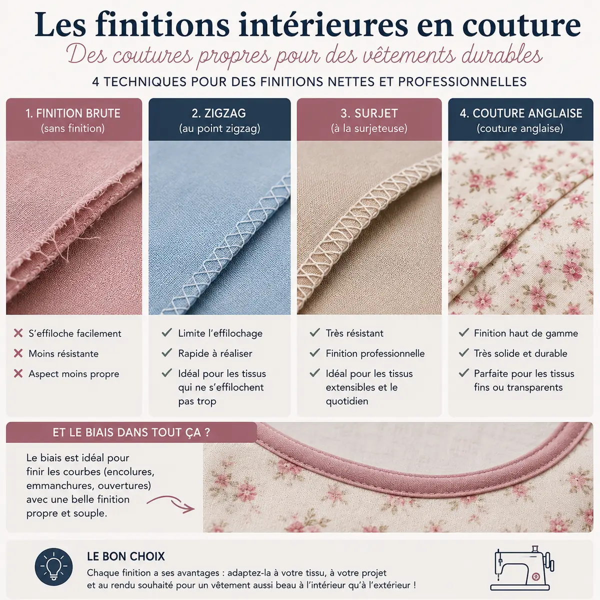 Les 15 erreurs couture qui ruinent vos vêtements sans que vous le sachiez 11 Exemples de finitions intérieures couture avec surjet zigzag couture anglaise et biais