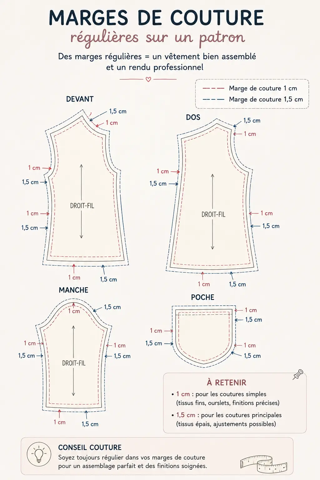 Les 15 erreurs couture qui ruinent vos vêtements sans que vous le sachiez 8 Croquis montrant les marges de couture régulières sur un patron