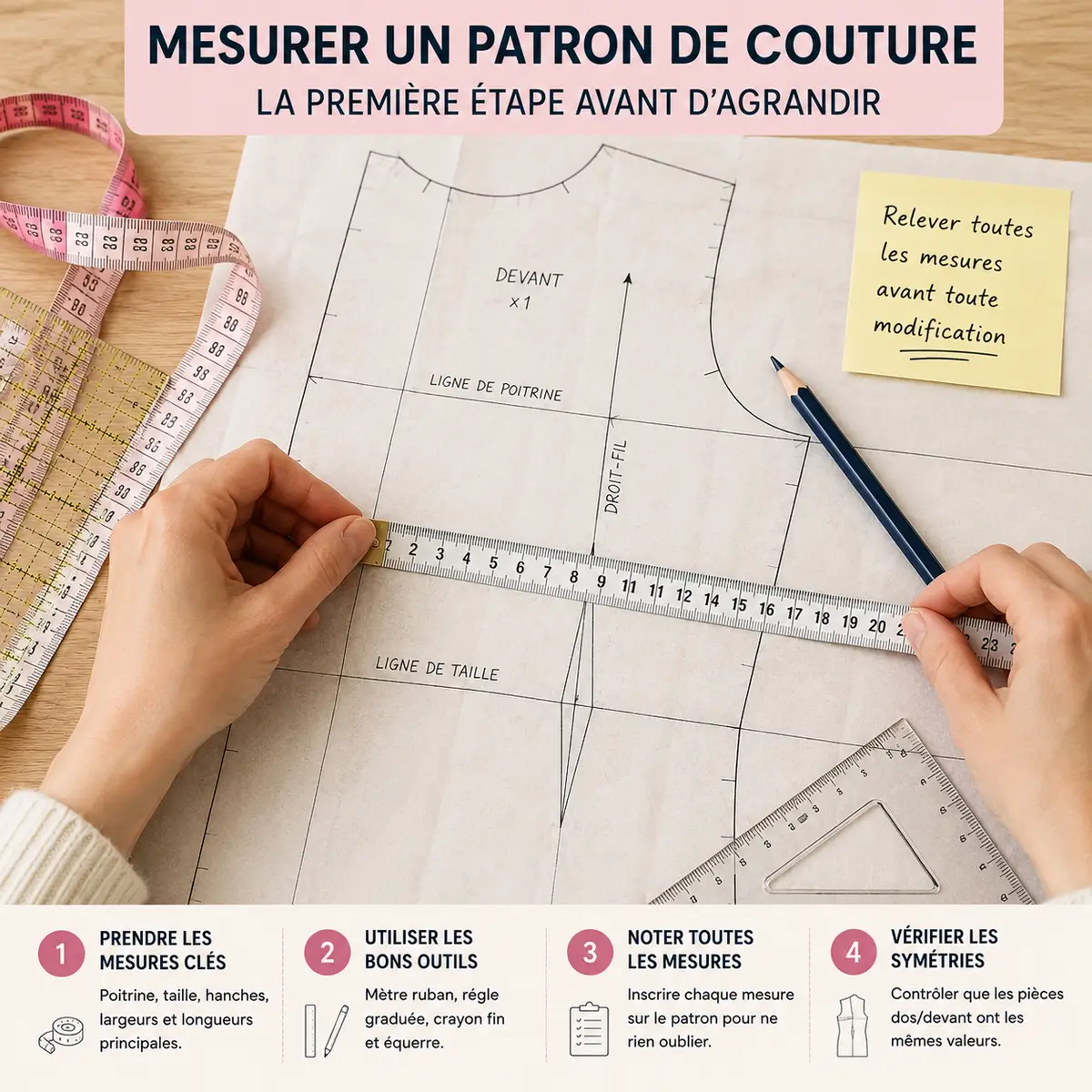 Étape de couture pour mesurer un patron avant agrandissement avec règle crayon et mètre ruban