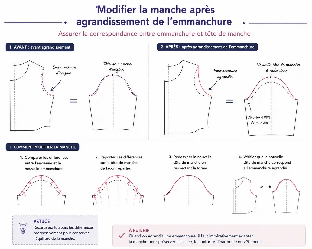 Croquis expliquant la modification de la manche après agrandissement d'une emmanchure