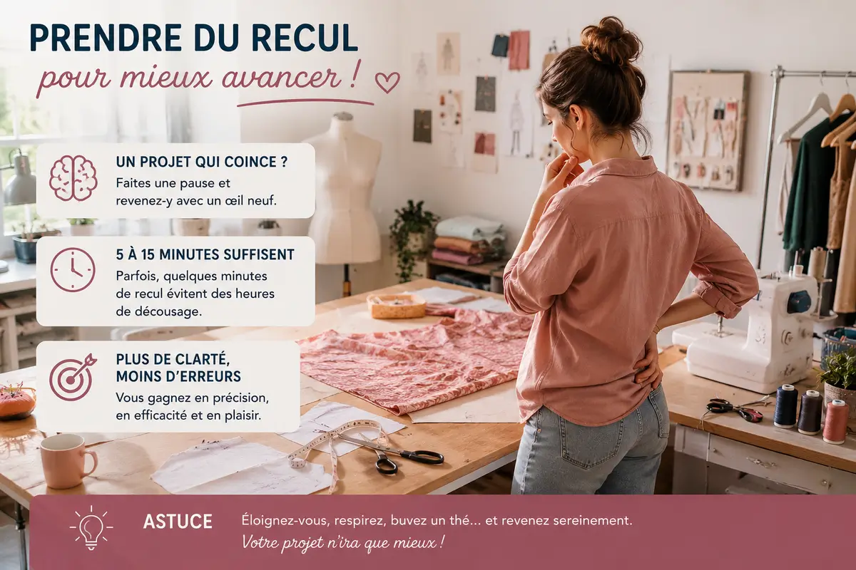 Les 15 erreurs couture qui ruinent vos vêtements sans que vous le sachiez 16 Couturière prenant du recul avant de reprendre un projet couture