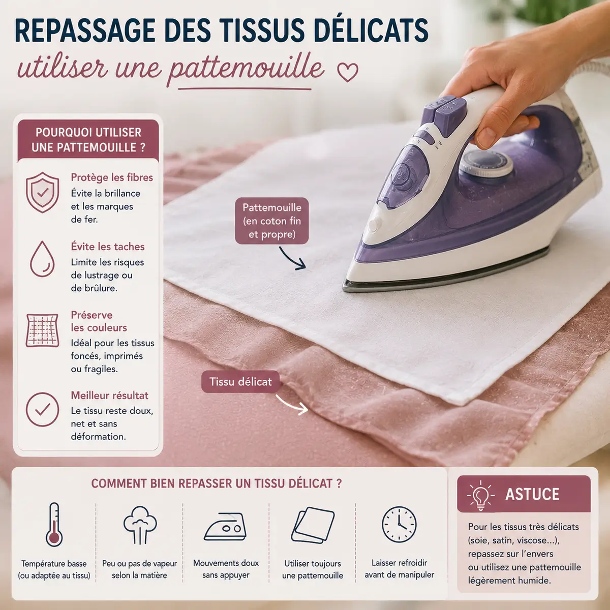 Les 15 erreurs couture qui ruinent vos vêtements sans que vous le sachiez 24 Repassage d'un tissu délicat avec une pattemouille pour protéger les fibres