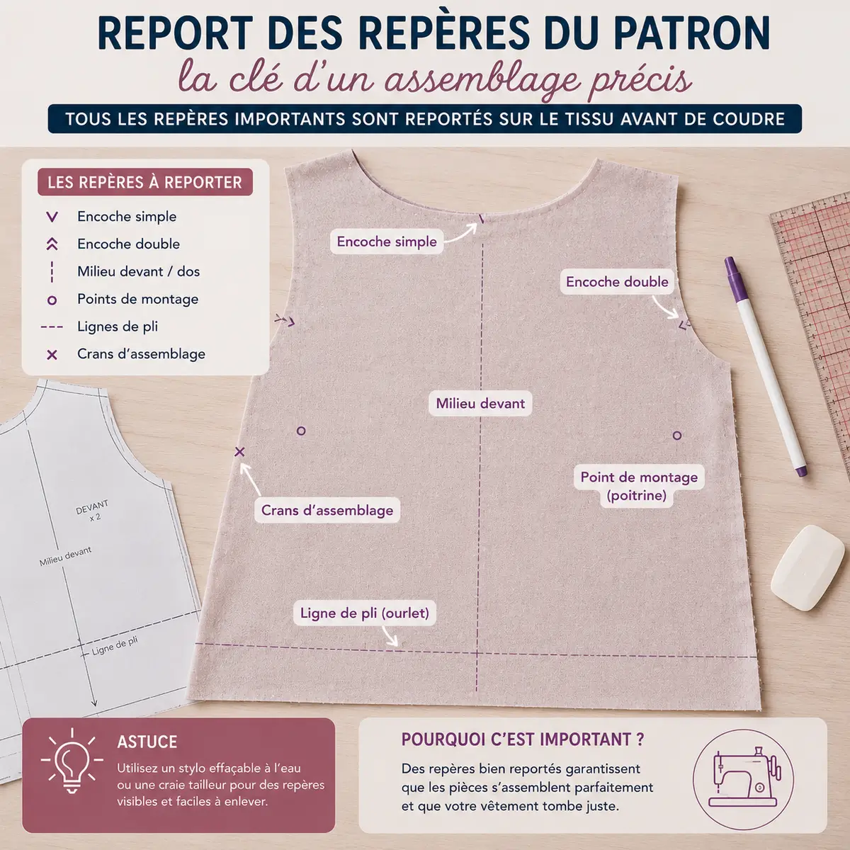 Les 15 erreurs couture qui ruinent vos vêtements sans que vous le sachiez 15 Repères de patron reportés sur le tissu avant assemblage