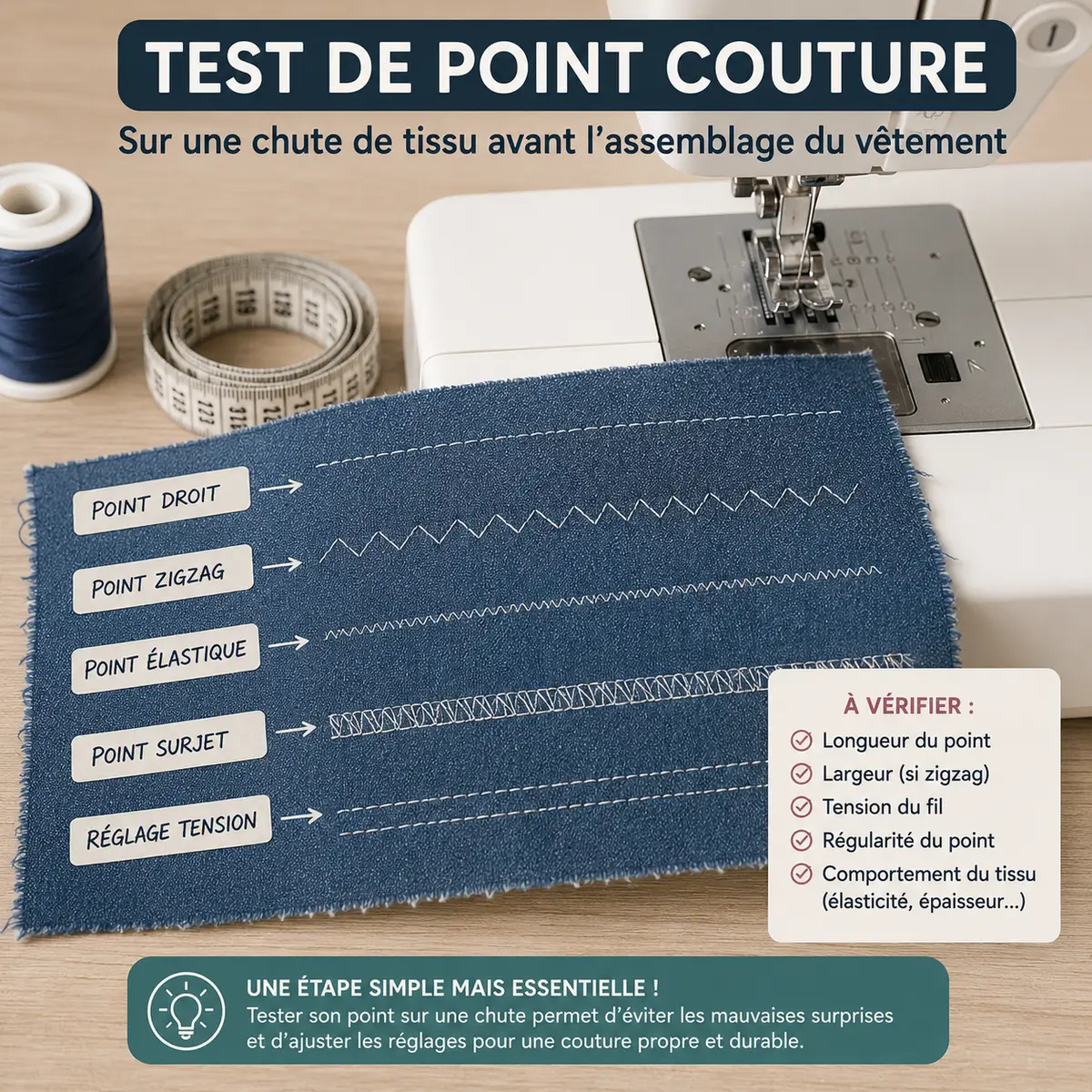 Les 15 erreurs couture qui ruinent vos vêtements sans que vous le sachiez 6 Test de point couture sur une chute de tissu avant assemblage du vêtement