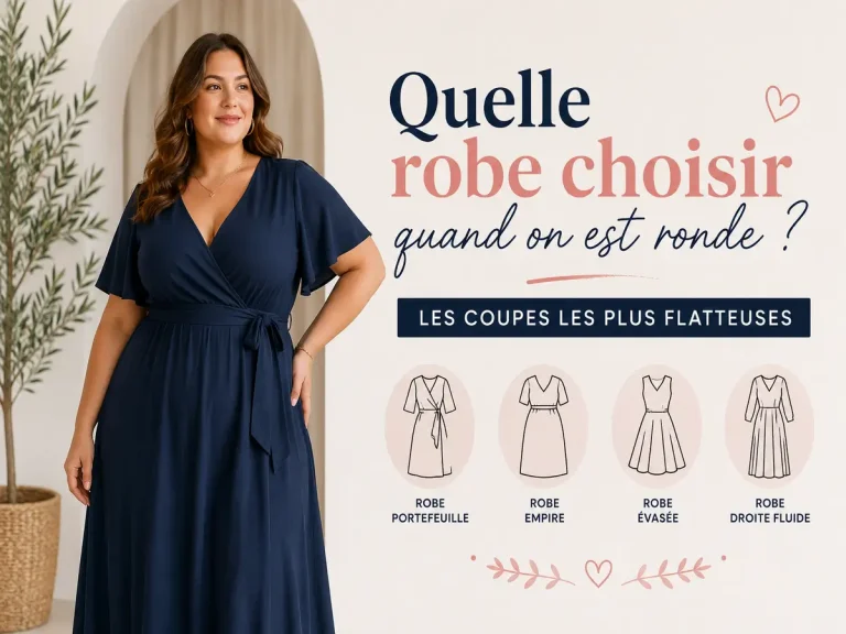Femme ronde portant une robe portefeuille élégante avec différentes coupes de robes flatteuses adaptées aux morphologies rondes