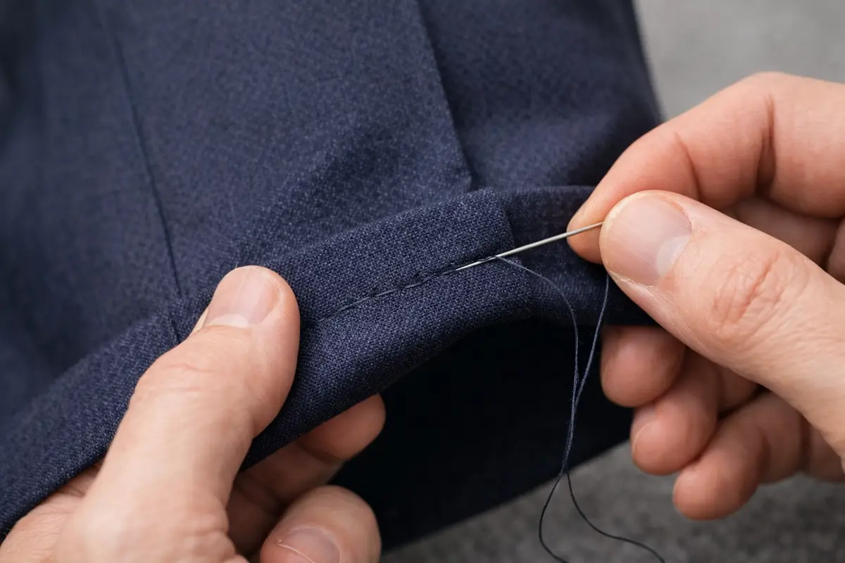 Couture à la main d’un point invisible sur l’ourlet d’un pantalon de costume bleu marine