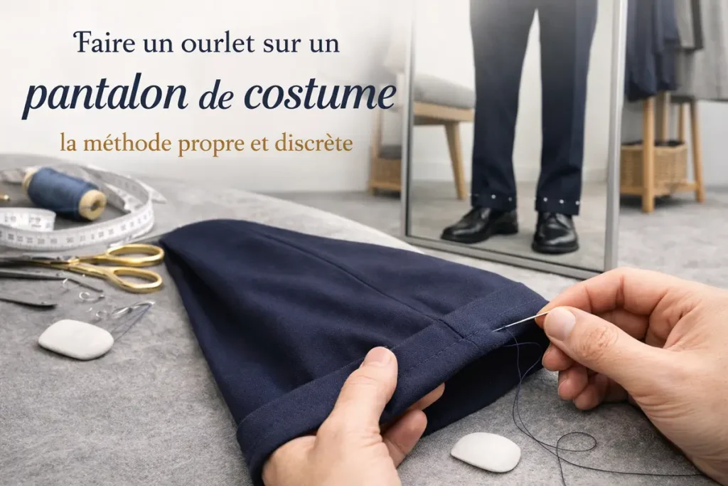 Couture d’un ourlet invisible sur un pantalon de costume bleu marine avec essayage devant miroir en arrière-plan