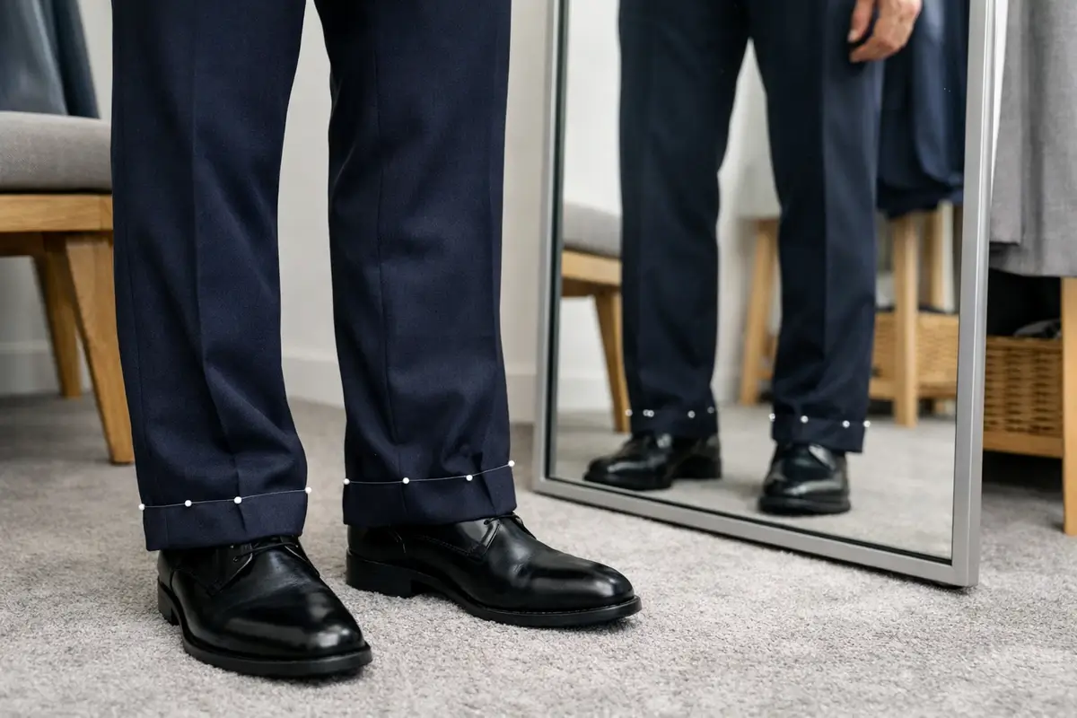 Essayage d’un pantalon de costume devant un miroir avec repères d’ourlet au bas des jambes