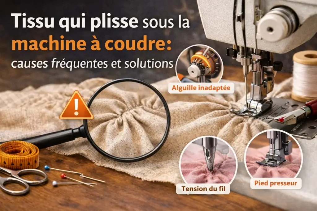 Tissu qui plisse sous une machine à coudre illustrant les causes fréquentes et les solutions pour éviter les fronces